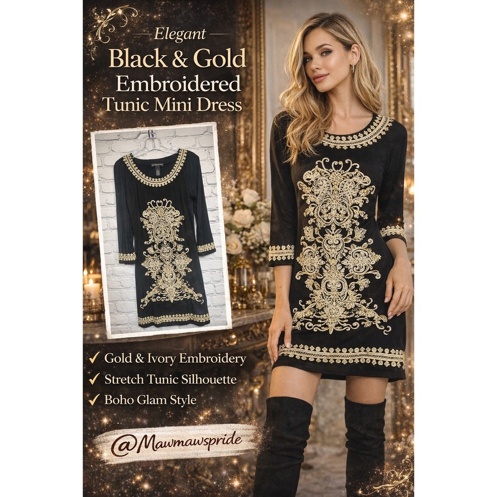 INC International Concepts Black & Gold Embroidered Tunic Mini Dress Boho Glam S